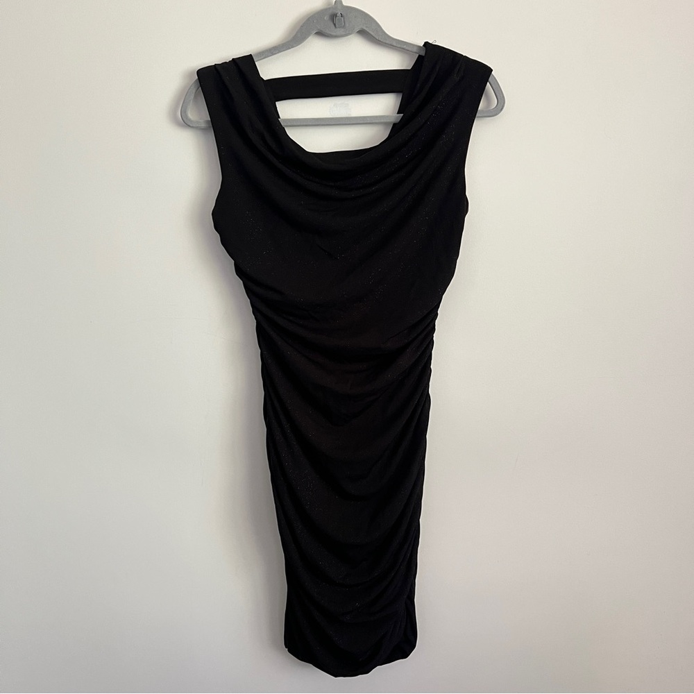 Y2K Sweet Storm Sparkly Black Ruched Cowl Neck Bodycon Dress Size Large Party